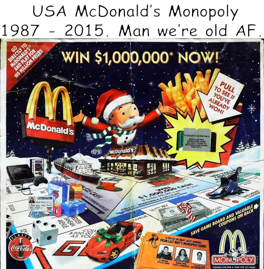 A nostalgic McDonalds Monopoly meme showing a retro poster from the 1987 promotion.
