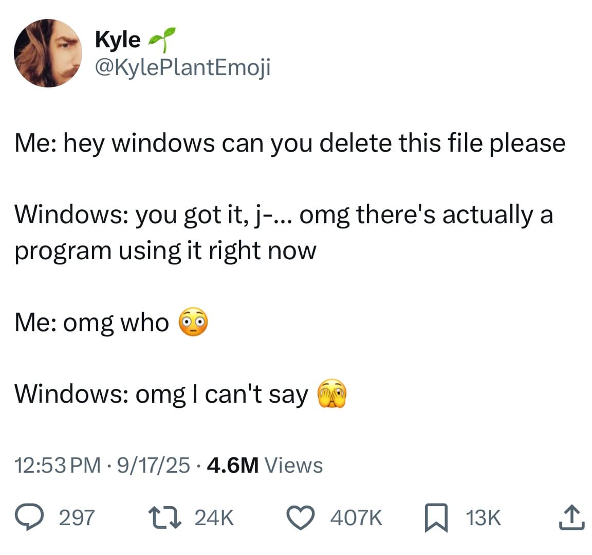 A funny meme of a tweet personifying the Windows operating system as a gossip who can't let you delete a file.