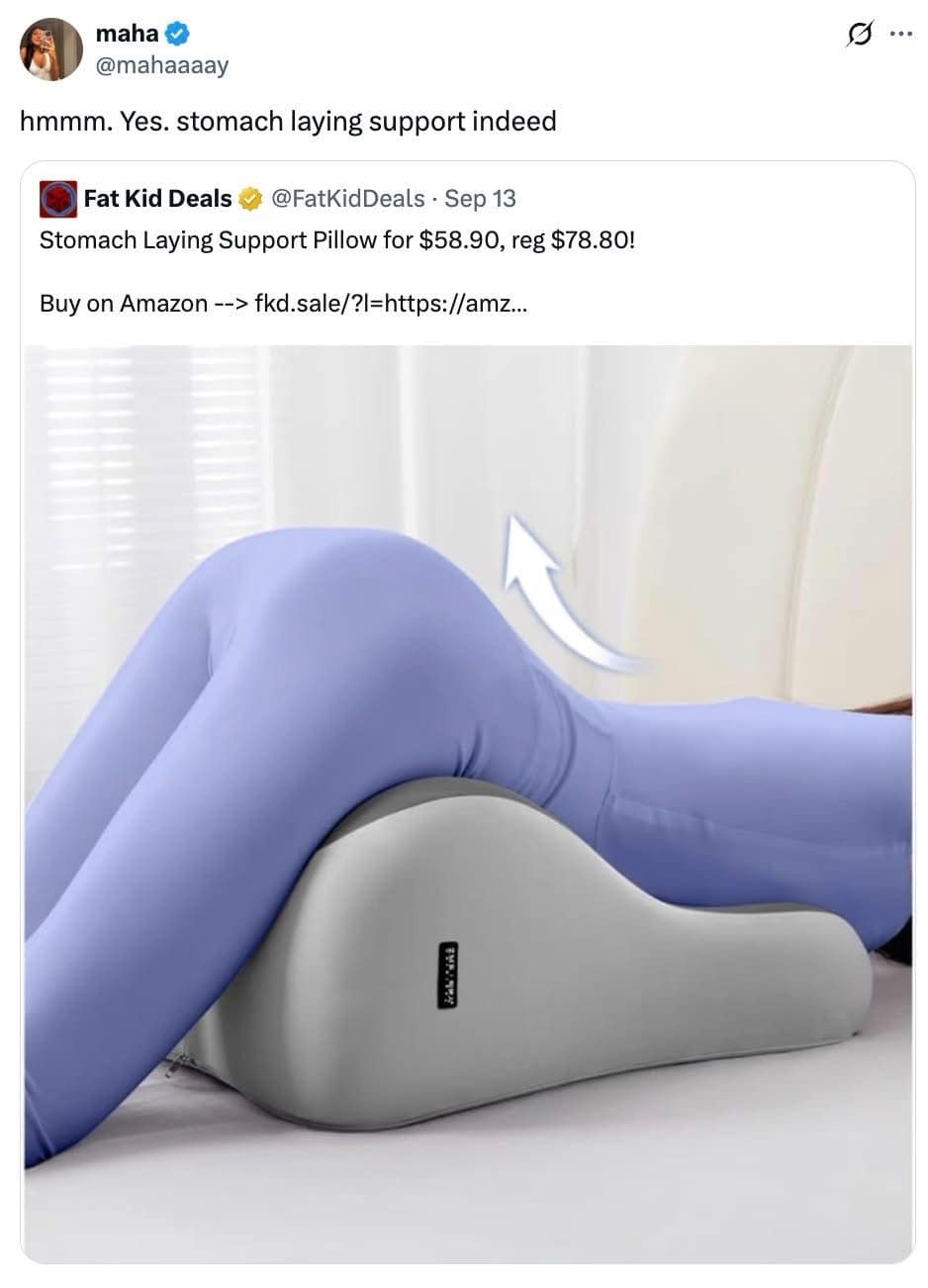 A meme dump tweet making fun of an oddly shaped pillow sold as a "stomach laying support pillow."