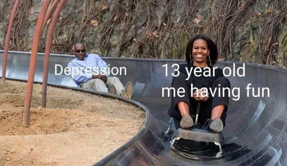 A funny meme using the Obamas on a slide to represent depression catching up to you as a teenager.