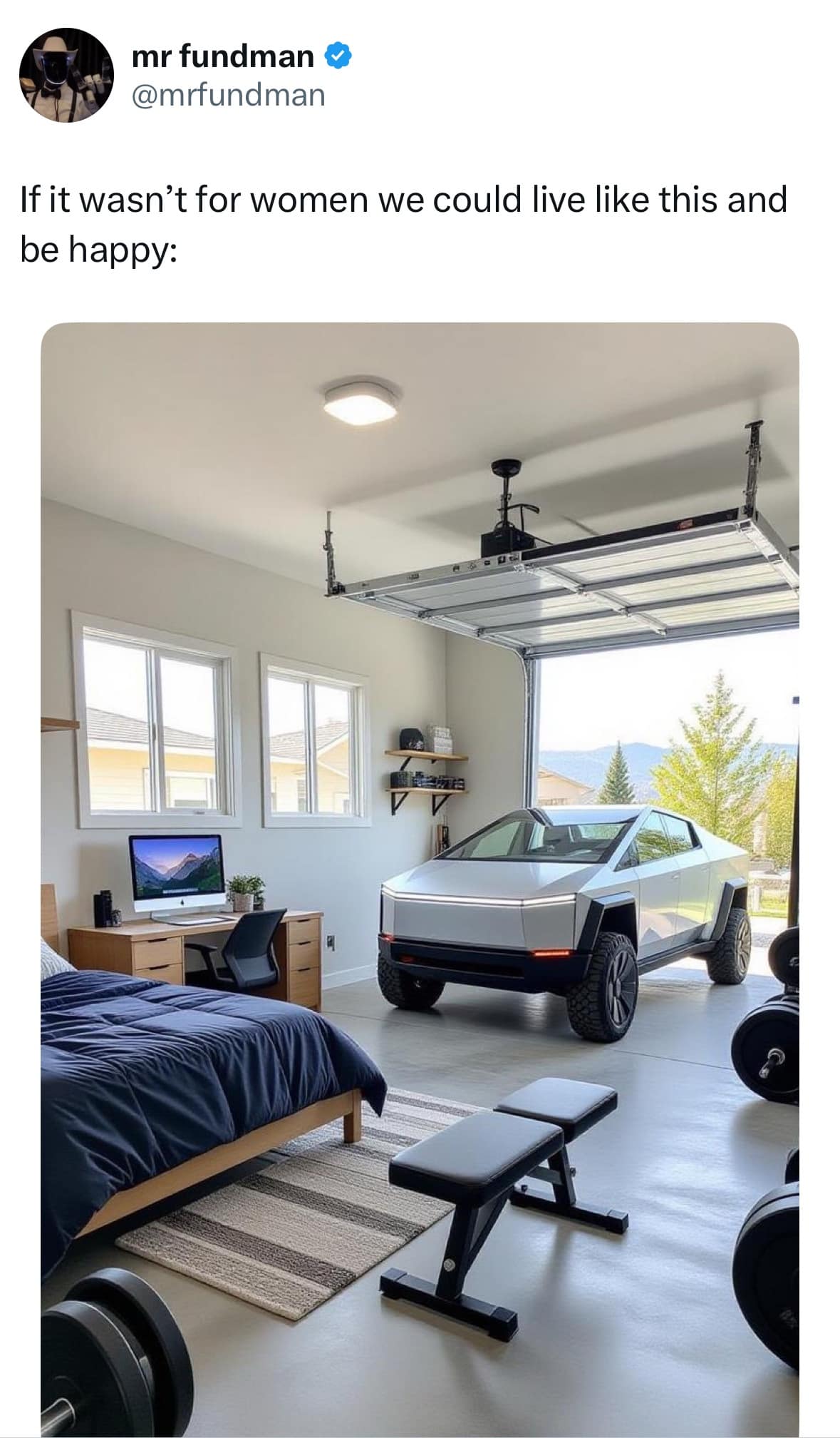 A funny meme tweet of a man's ideal minimalist garage bedroom, which includes a Tesla Cybertruck.