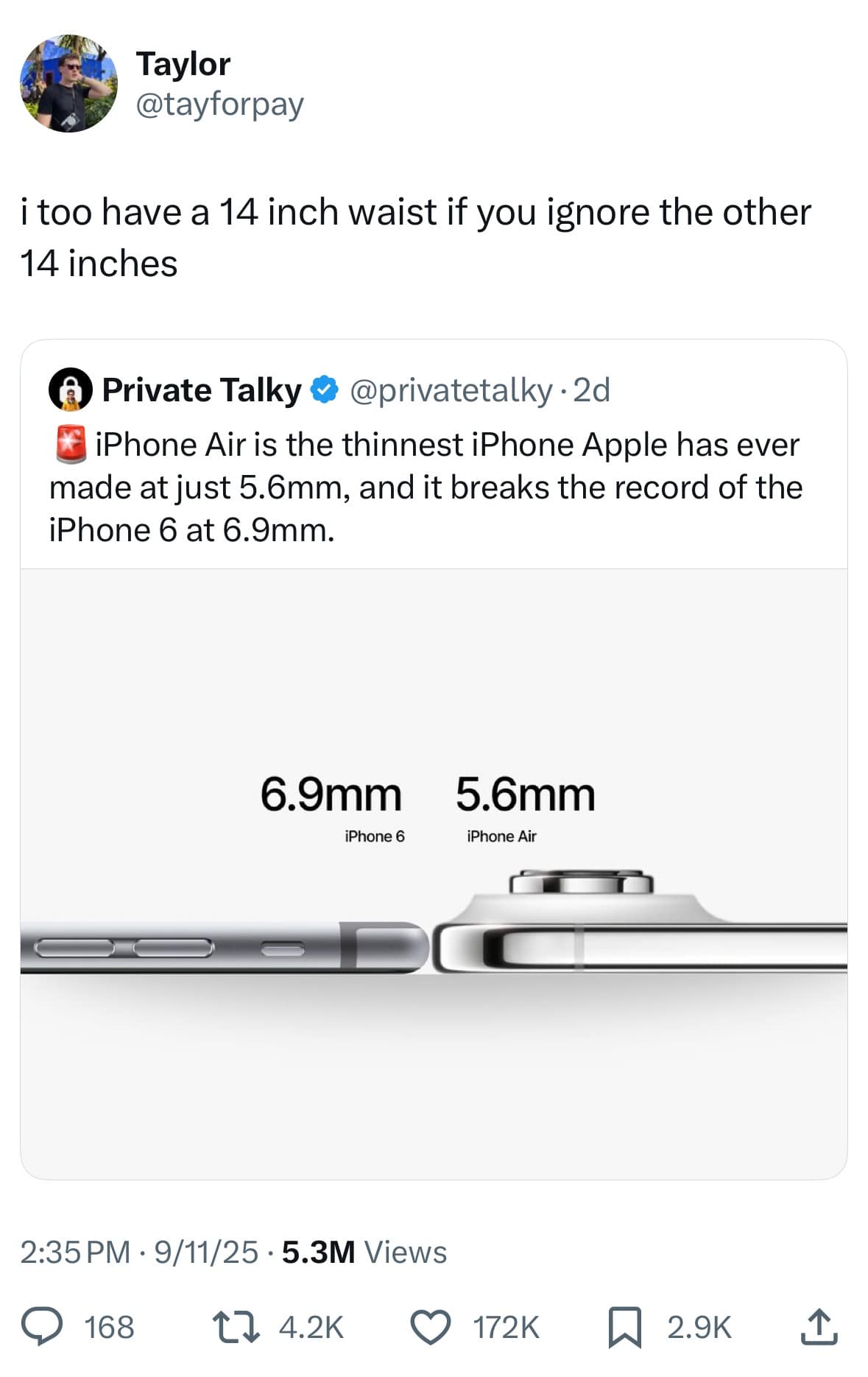 A funny meme tweet making a self-deprecating joke in response to the thinness of the new iPhone Air.