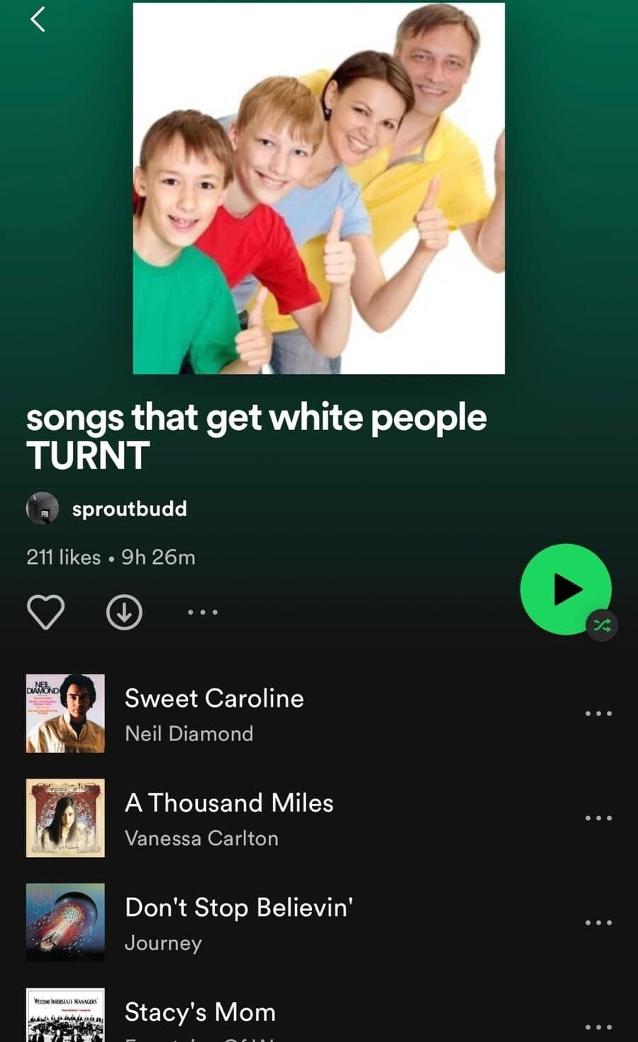 A hilarious meme of a Spotify playlist titled "songs that get white people TURNT," featuring Neil Diamond and Vanessa Carlton.