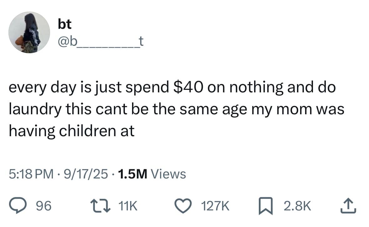 A funny meme tweet about the monotony of adult life, spending money on nothing and doing laundry.