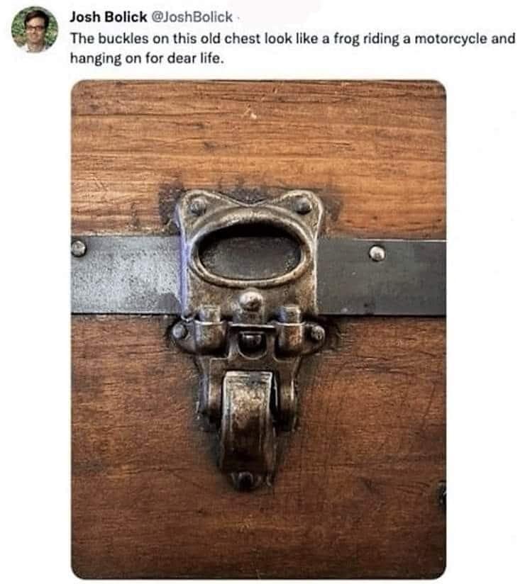A meme dump tweet showing an old chest buckle that looks like a frog riding a motorcycle.