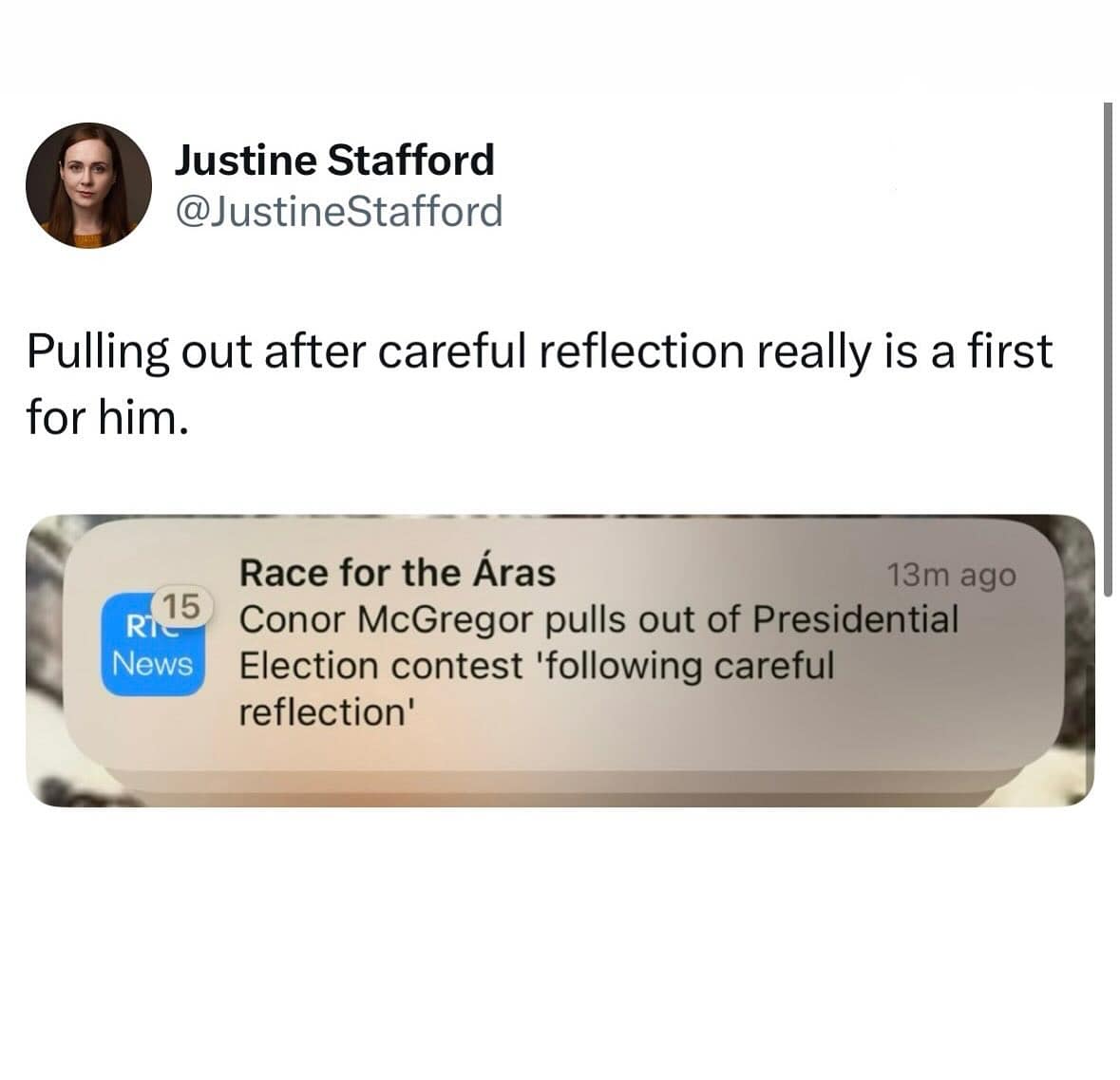 A meme dump tweet making a suggestive joke about Conor McGregor pulling out of a presidential race.