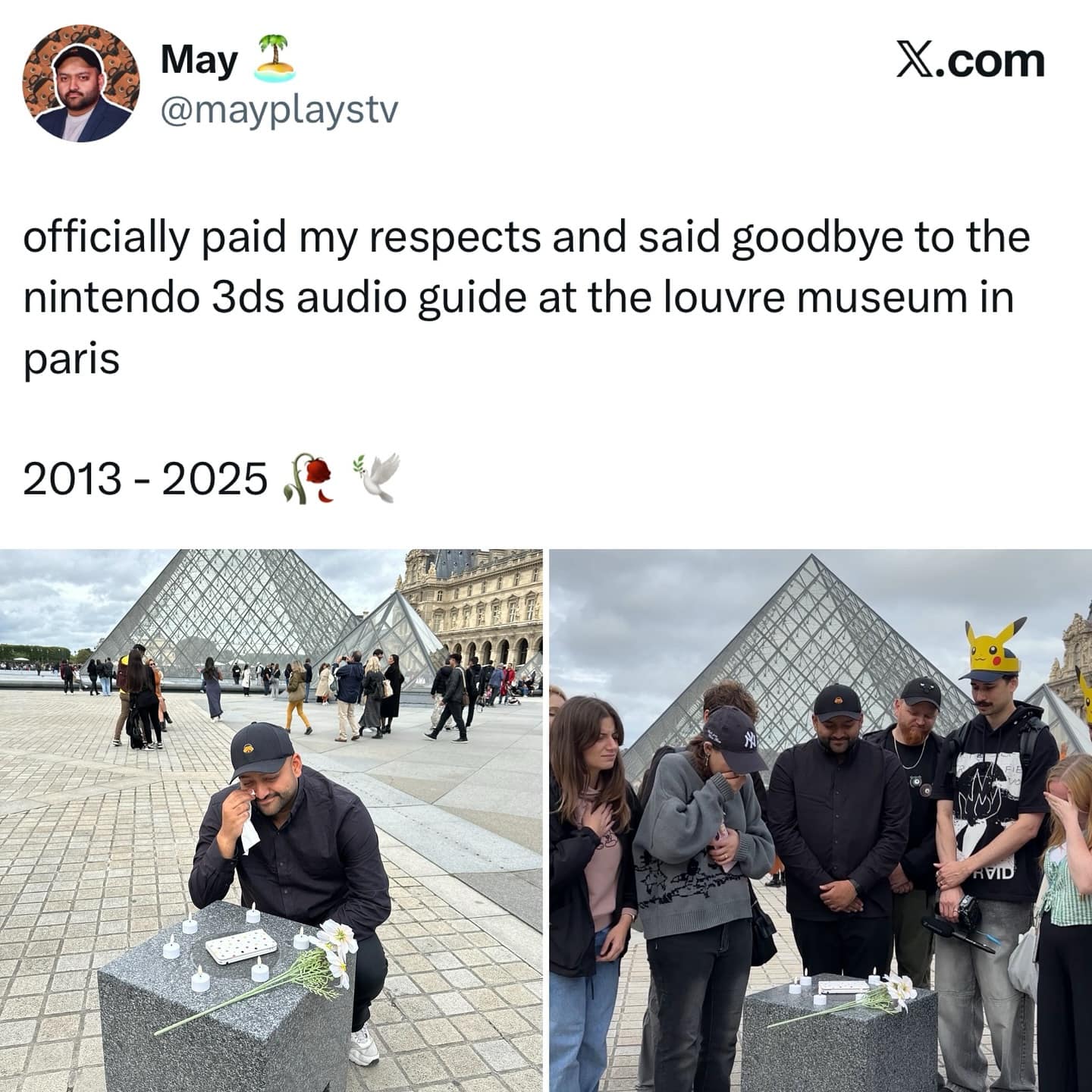 A meme dump of someone holding a mock funeral for the Louvre's Nintendo 3DS audio guide, which ended in 2025.