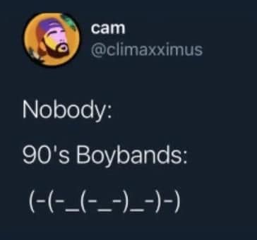 A meme dump tweet using a text emoticon to perfectly represent the hairstyles of 90's boybands.