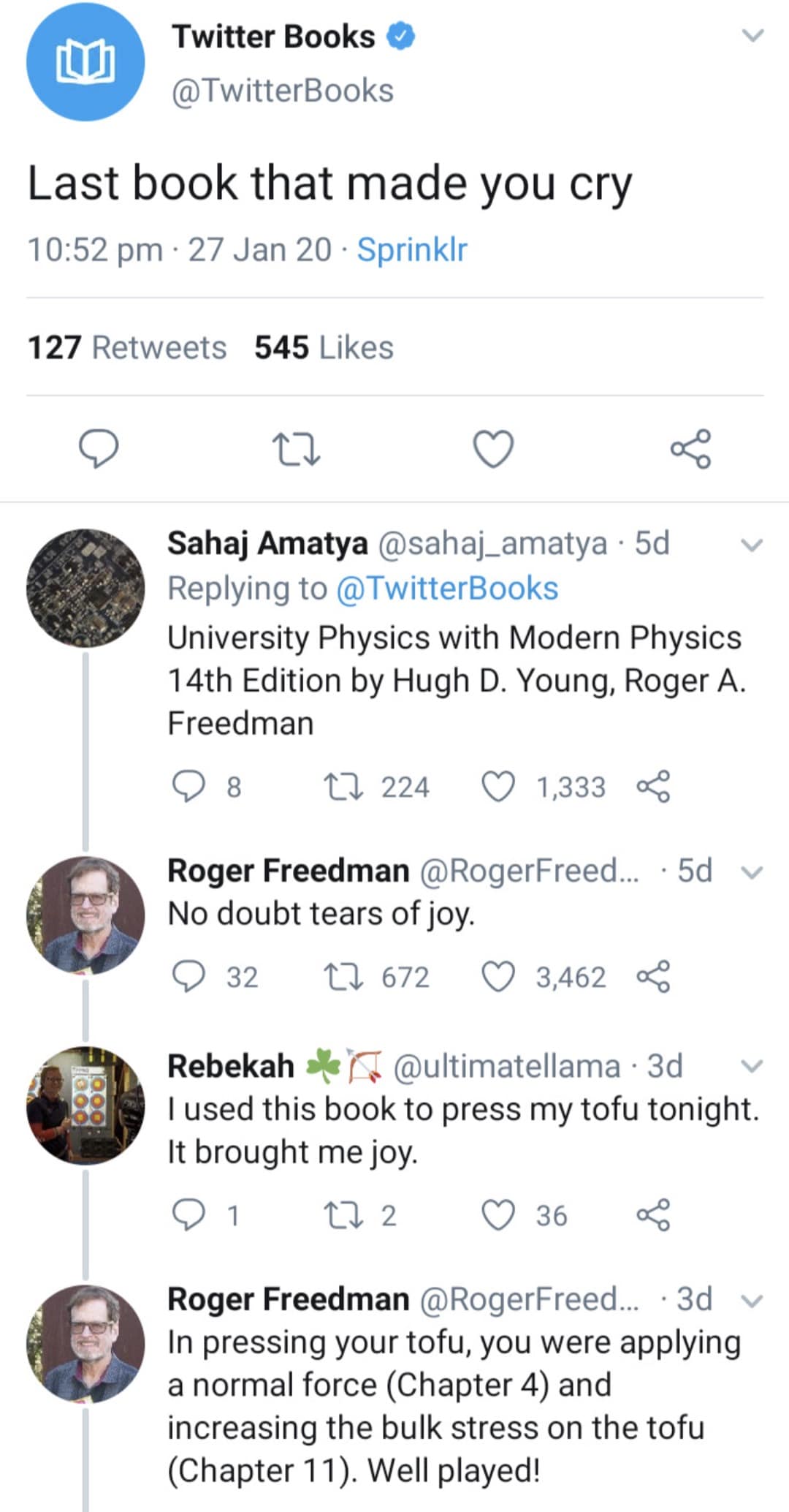 A meme dump of a funny Twitter thread where the author of a physics textbook responds to students.