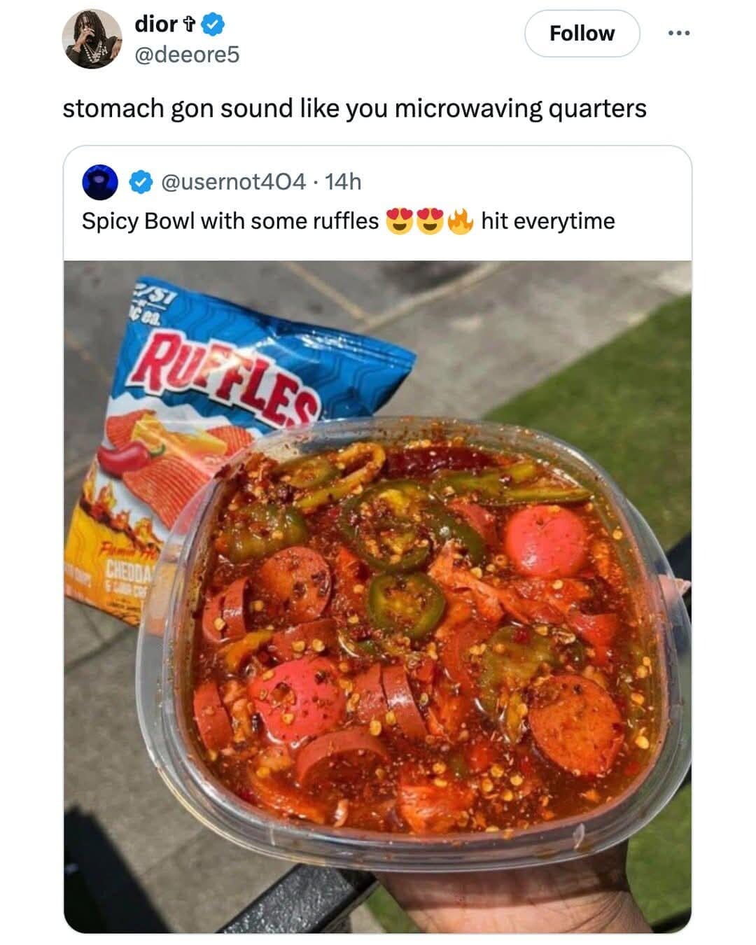A meme dump of a very spicy-looking bowl of hot dogs and peppers, with a funny reaction tweet.