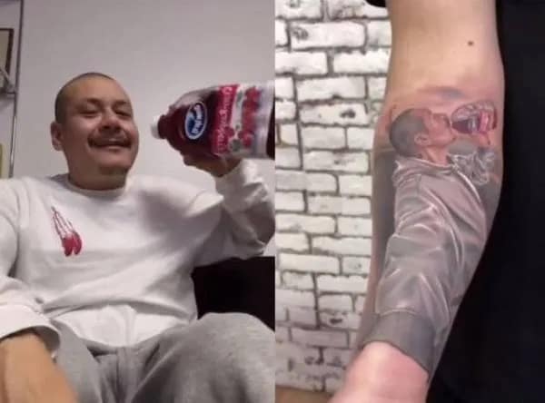 A meme dump of a man with a realistic tattoo of the viral Fleetwood Mac skateboarder, Nathan Apodaca.