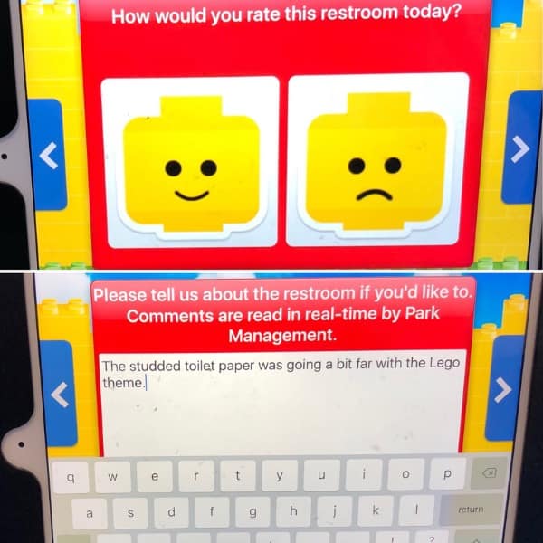 A meme dump of a LEGO-themed restroom review complaining about "studded toilet paper."