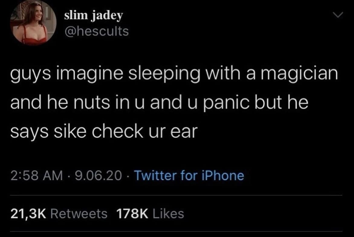 A meme dump of a viral tweet with a very cursed and funny joke about sleeping with a magician.