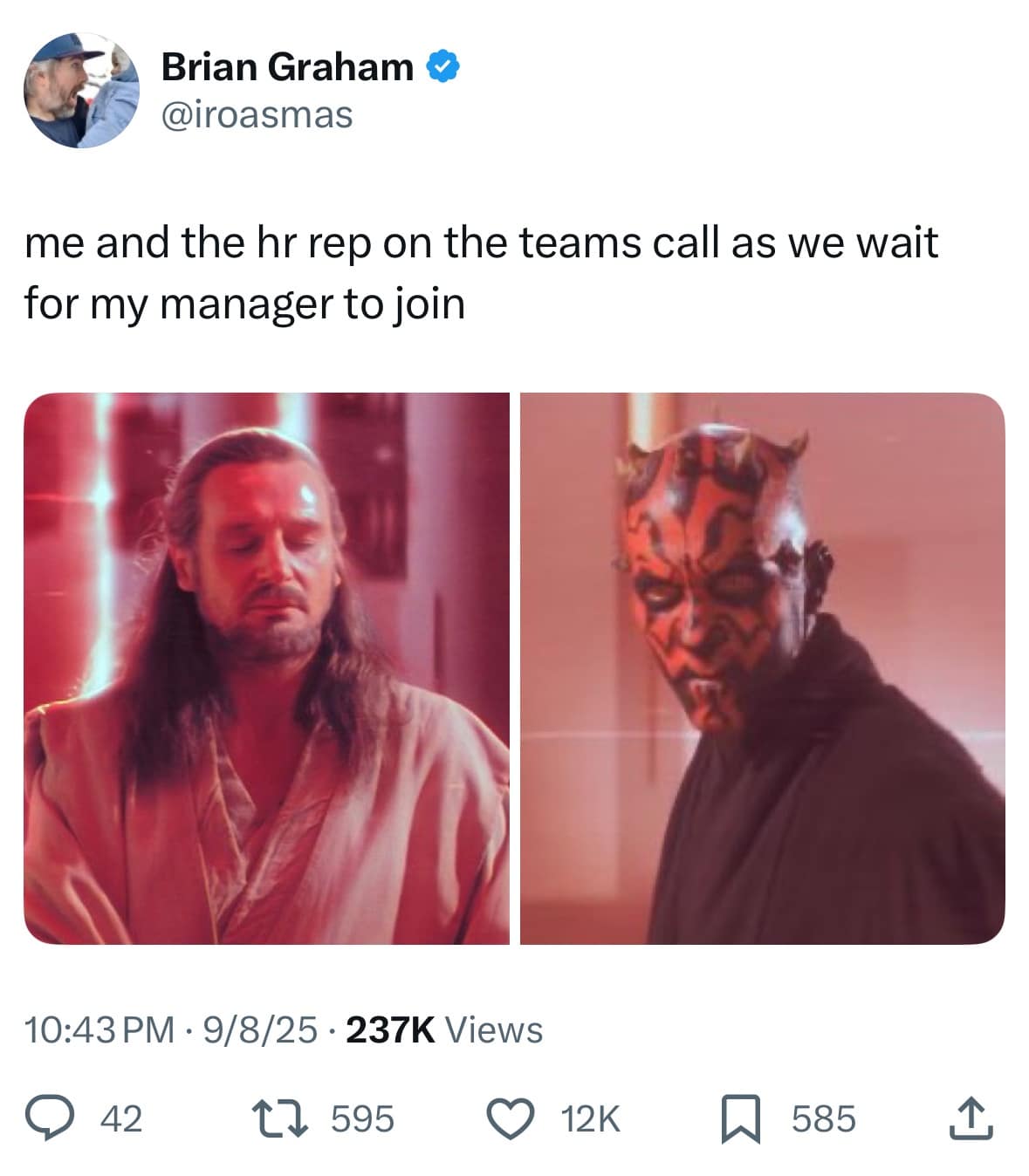 A meme dump tweet using "Star Wars" characters Qui-Gon Jinn and Darth Maul to represent an awkward Teams call.
