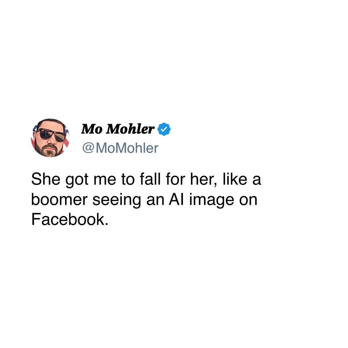 A meme dump tweet about falling for someone like a boomer falls for an AI image on Facebook.