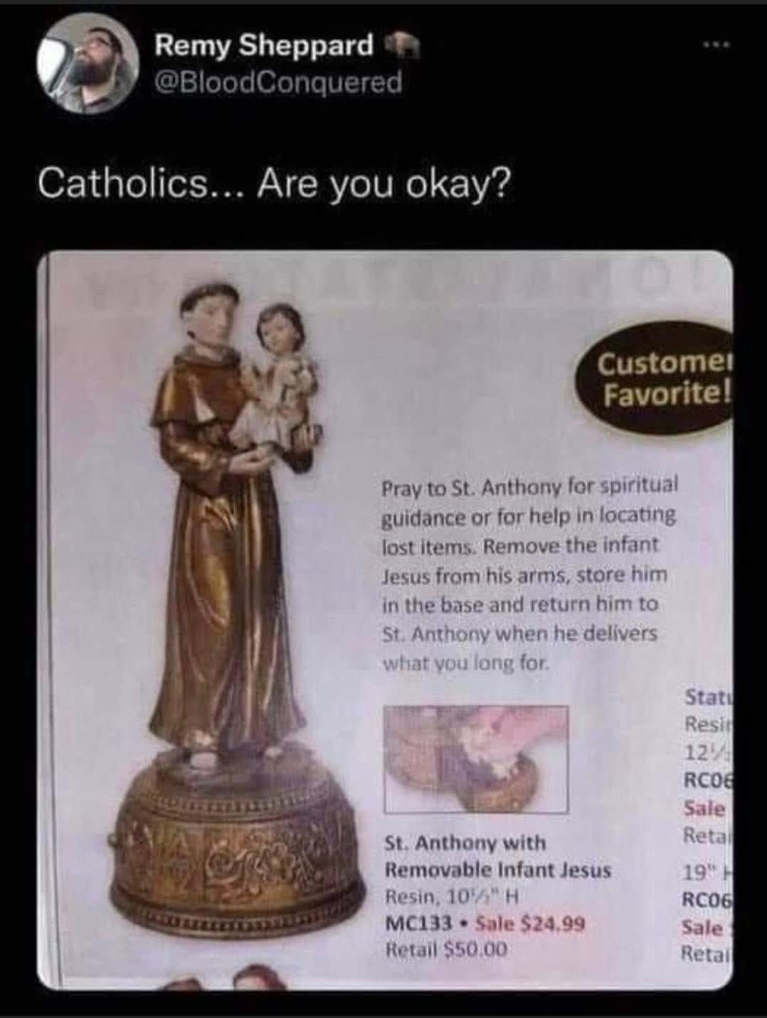 A funny meme showing instructions for a St. Anthony statue that involve holding the infant Jesus hostage until he finds your lost items.