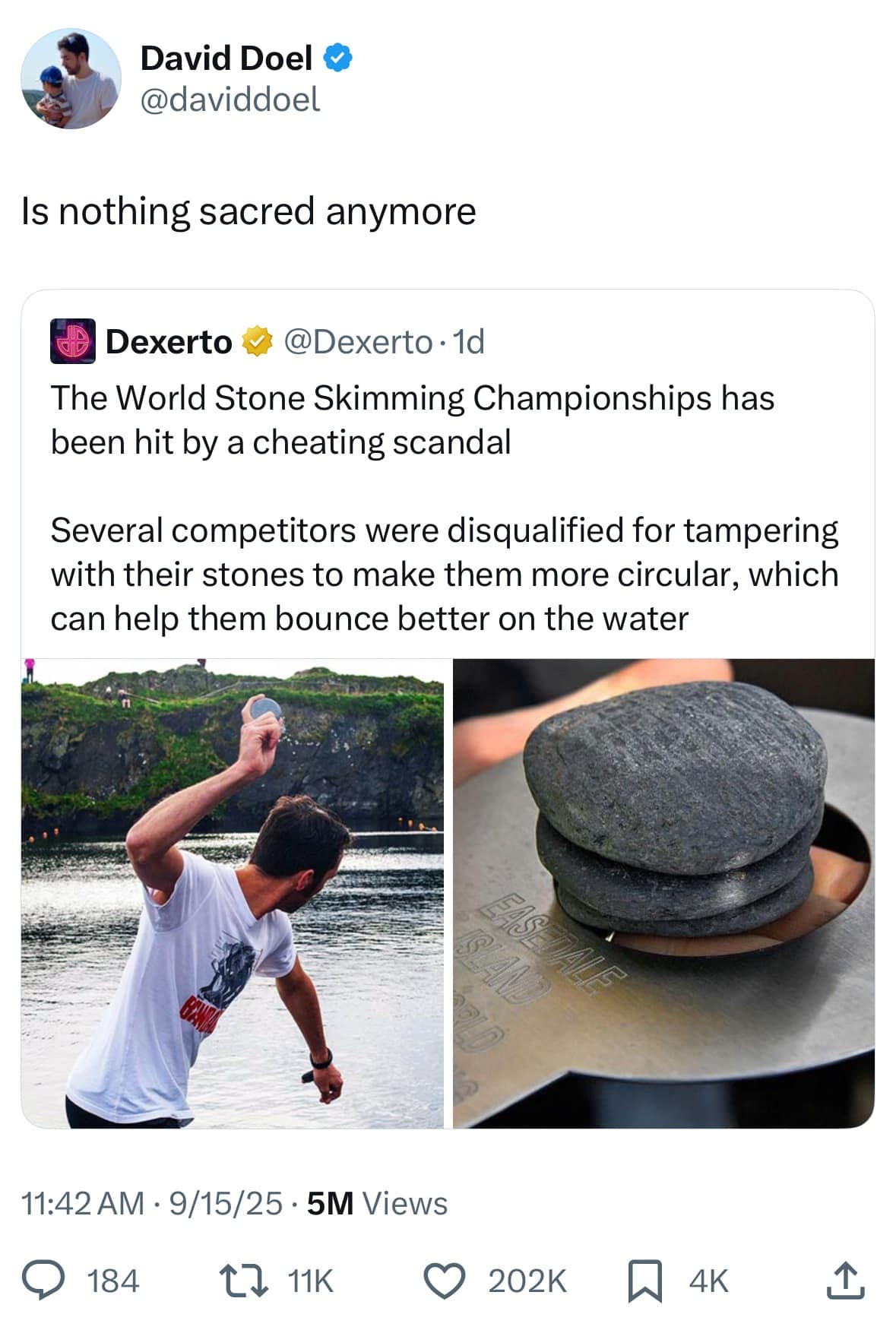 A meme dump of a tweet about a cheating scandal at the World Stone Skimming Championships.
