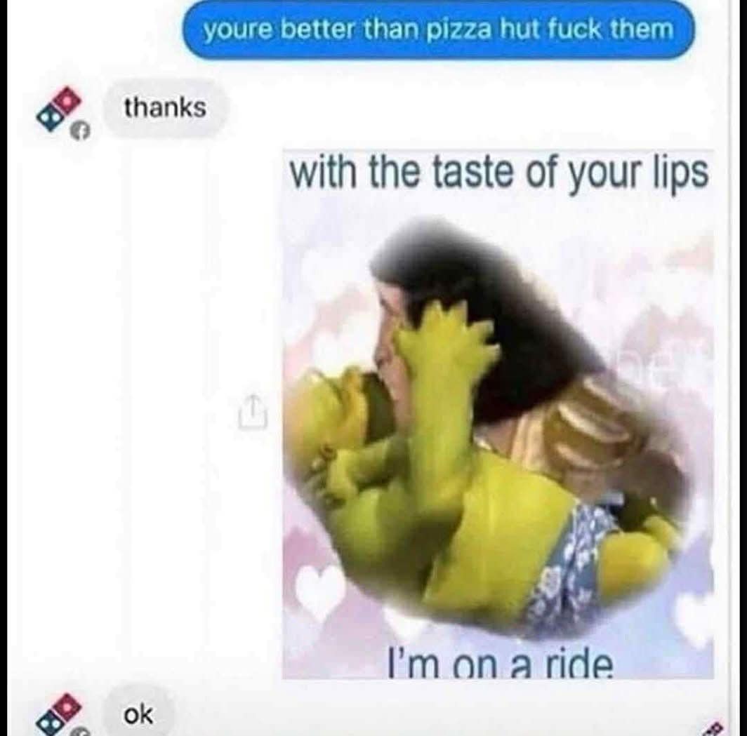 Chat with a pizza chain thanking a compliment, followed by an image of Shrek kissing a princess with text “with the taste of your lips I’m on a ride”; the chain replies “ok.”