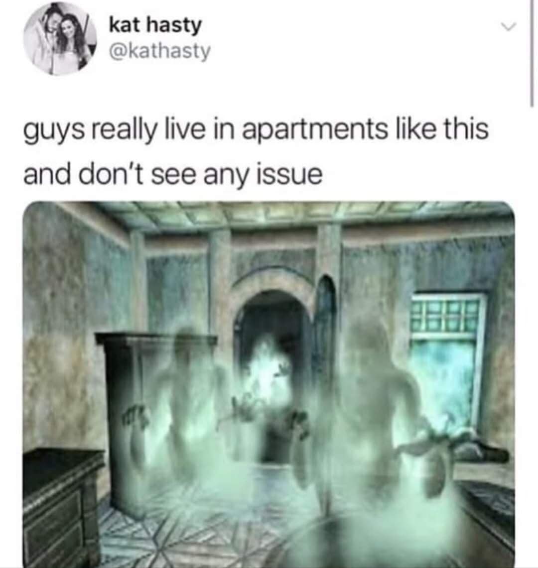 A meme dump about men's apartments using a haunted screenshot from the video game Oblivion.