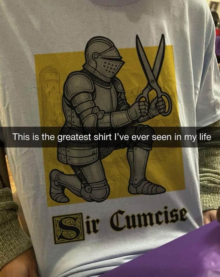 T-shirt design of a kneeling medieval knight holding giant scissors; pun reads “Sir Cumcise.”