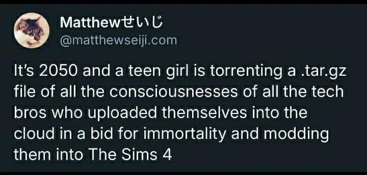 A meme dump tweet about a futuristic scenario of modding tech bros into The Sims 4.