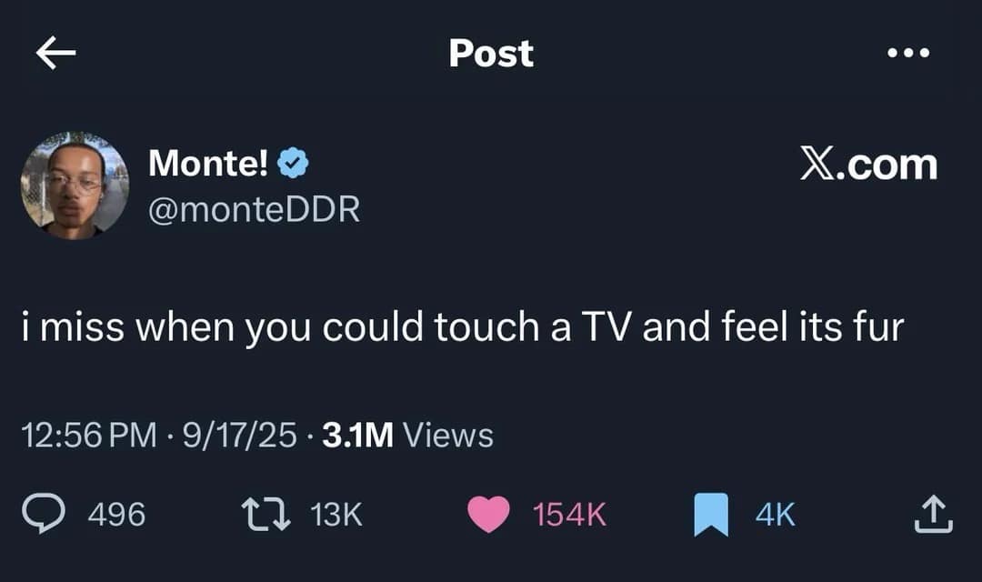 A meme dump of a tweet about missing the feeling of the static electricity "fur" on old CRT televisions.