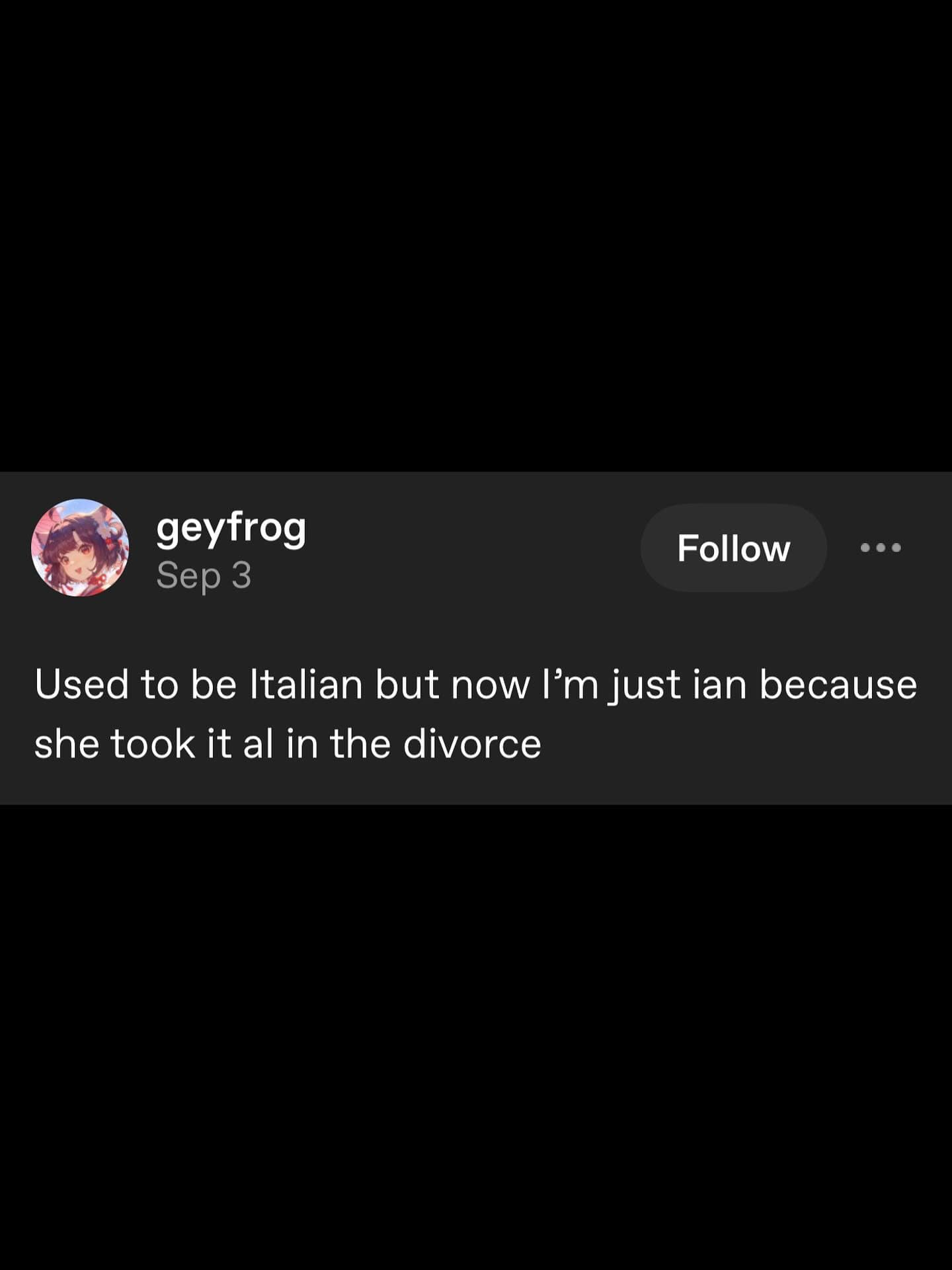 A hilarious meme with a top-tier dad joke: "Used to be Italian but now I'm just ian because she took it al in the divorce."
