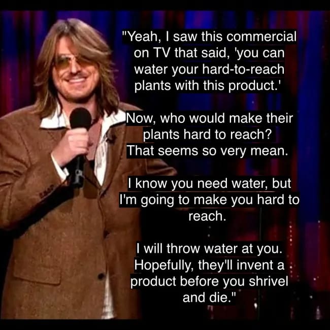 Mitch Hedberg's observational joke questioning the bizarre cruelty of a person who would intentionally own a "hard-to-reach" plant.