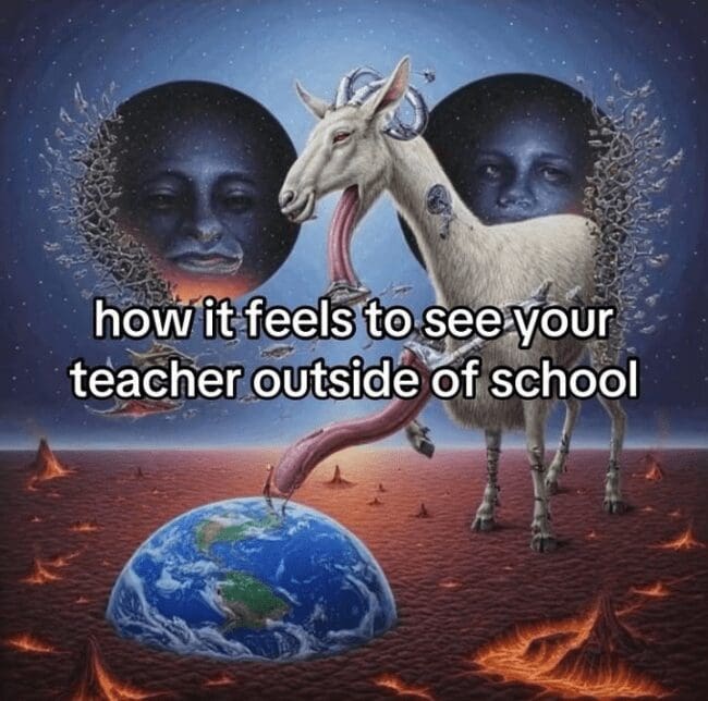 A surreal and bizarre AI-generated image of a giant space goat, which is used to perfectly describe the strange feeling of seeing your teacher outside of school.