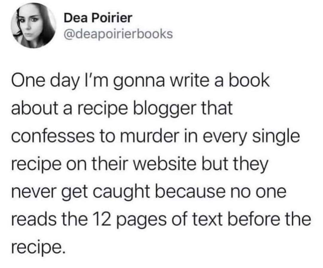 A brilliant book idea about a recipe blogger who hides murder confessions in the long text before the recipe.