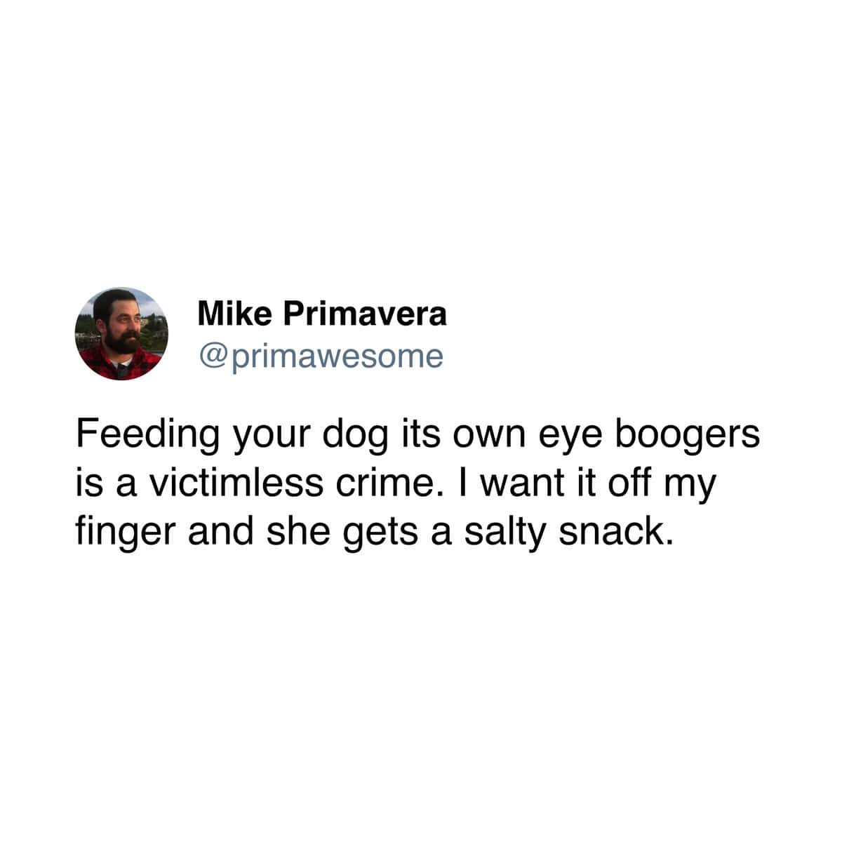 A funny pet meme tweet justifying feeding a dog its own eye boogers as a "victimless crime."