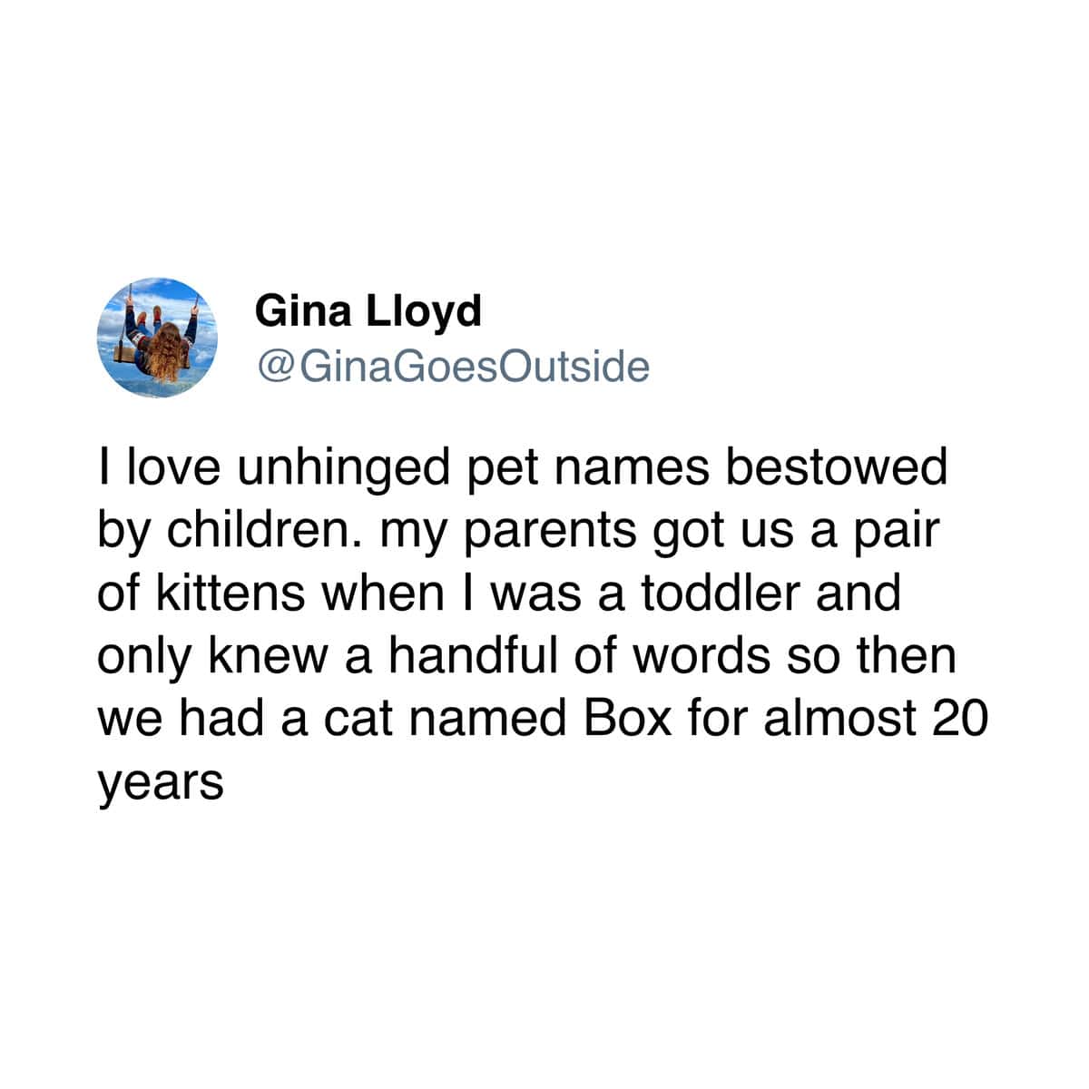 A pet meme tweet celebrating the unhinged names that toddlers give to their pets, like "Box."