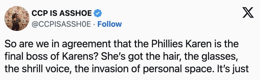 X post claiming the Phillies fan is the “final boss of Karens,” citing hair, glasses, voice, and crowd behavior.