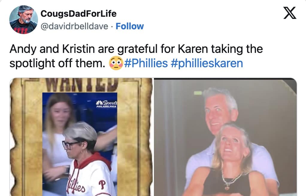 Tweet with a split image—left shows the Phillies woman; right shows a smiling couple—caption says they’re grateful she took the spotlight.