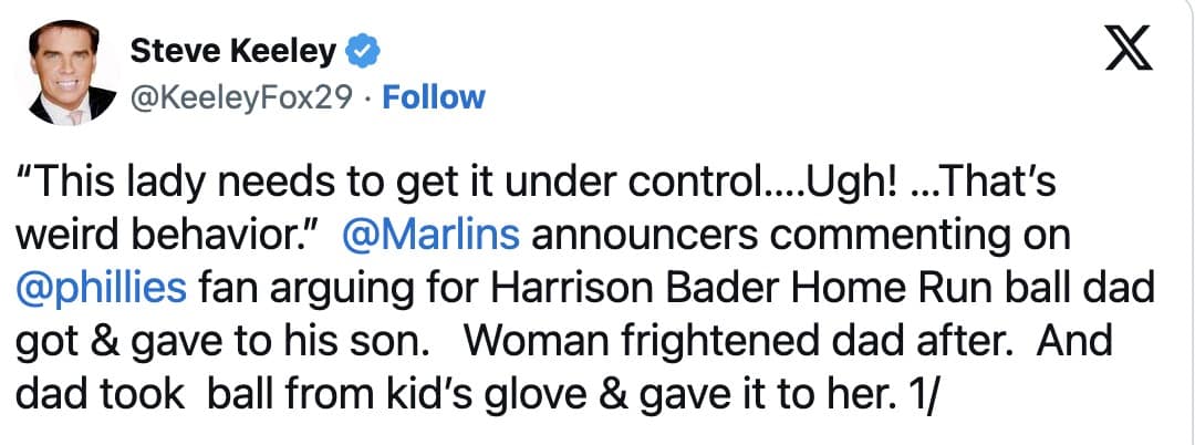 Journalist’s thread quoting Marlins announcers describing a woman arguing for a Harrison Bader home-run ball and a dad handing it to her after a kid had it.