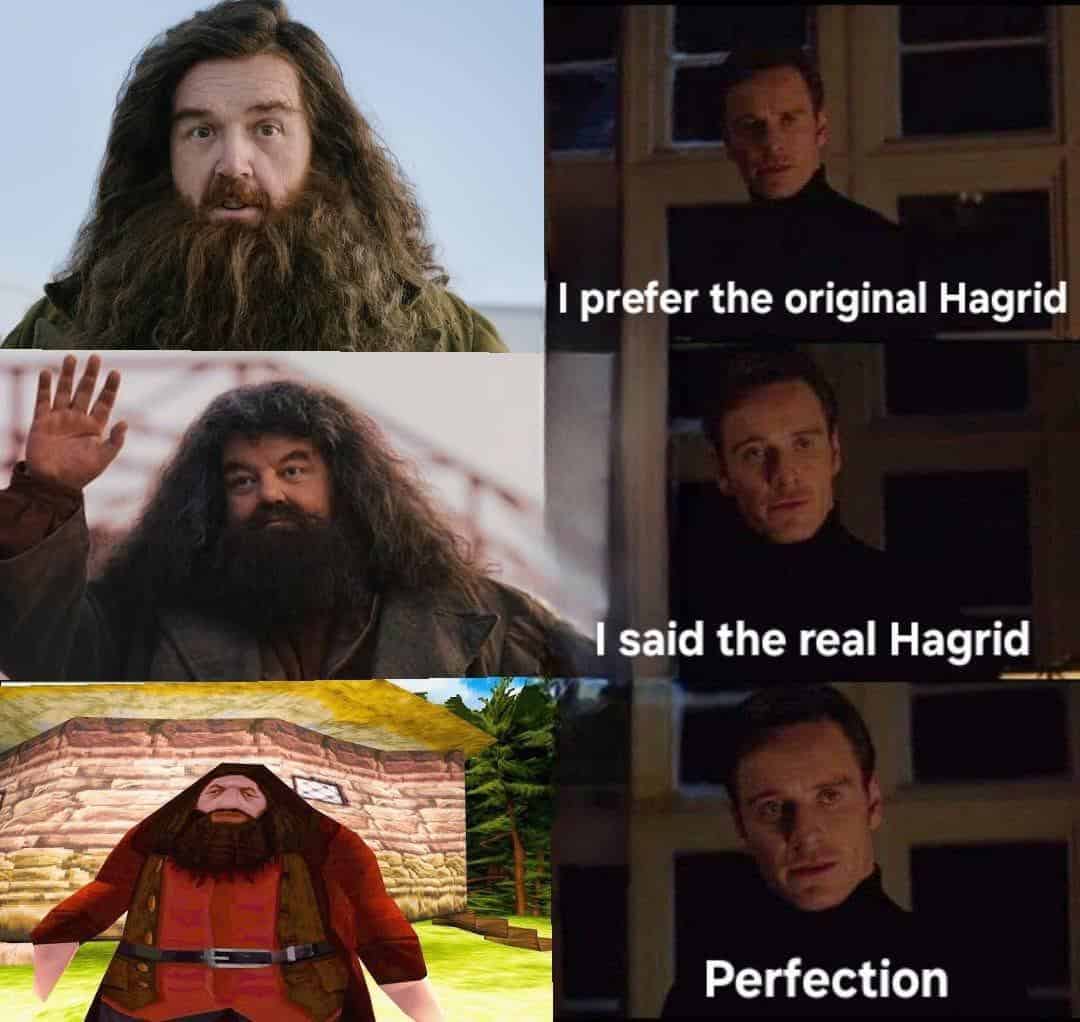 The "I prefer the real Hagrid" meme format, which anoints the blocky, low-poly PS1 video game version of Hagrid as "Perfection."
