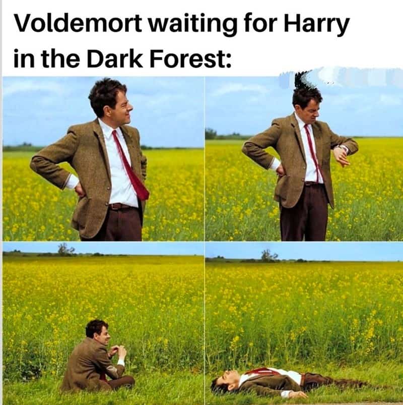 A four-panel Mr. Bean meme that humorously shows Lord Voldemort getting bored while waiting for Harry in the Forbidden Forest.