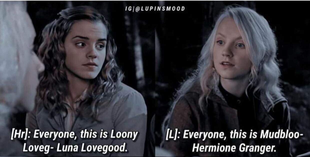 A funny fan-made meme that imagines Luna Lovegood clapping back at Hermione by almost calling her the slur "Mudblood."