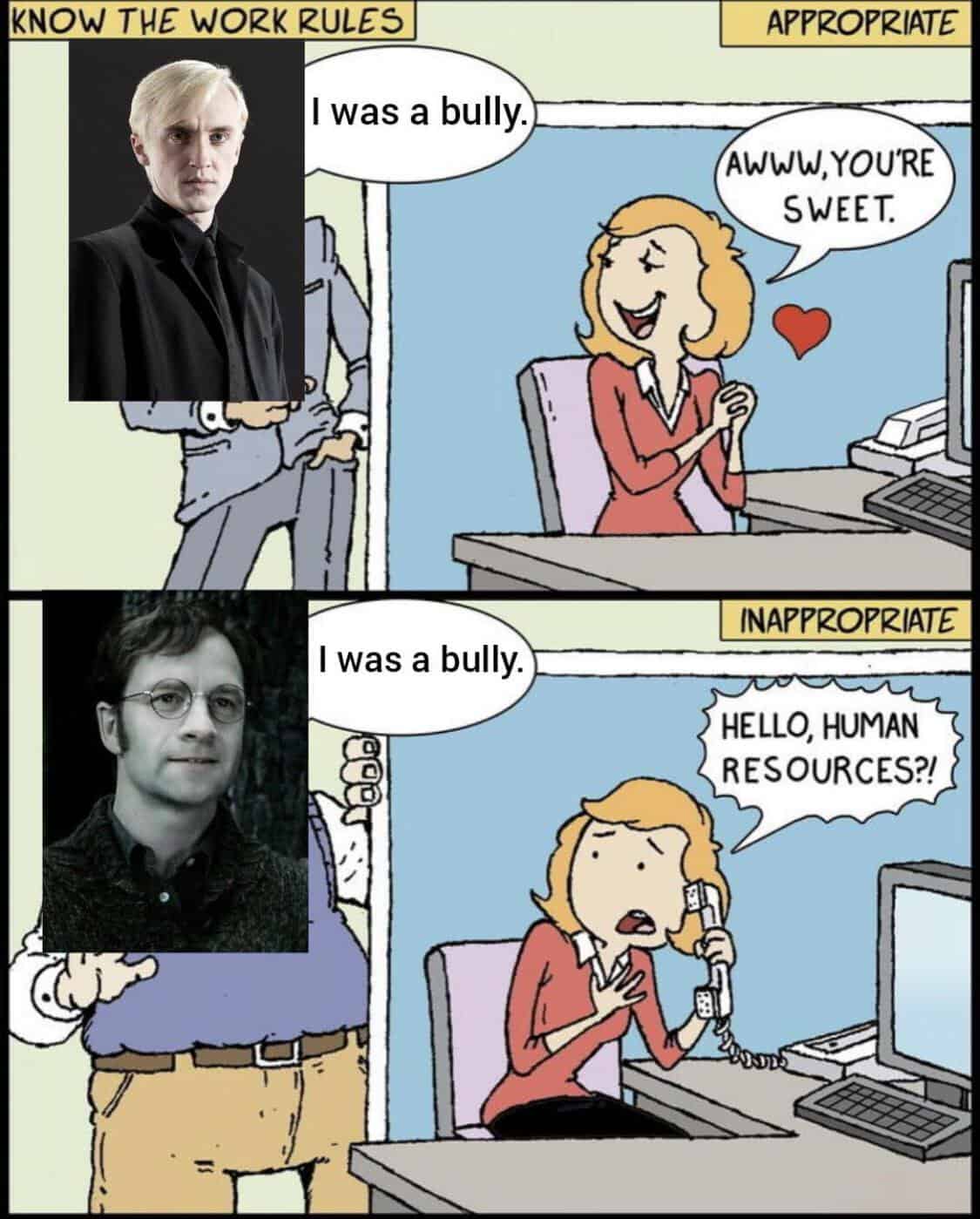 A Harry Potter meme comic that points out the fandom's double standard in how they treat bullies Draco Malfoy and James Potter.