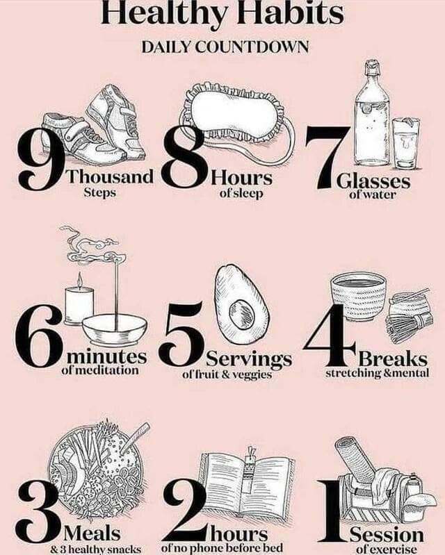 A practical chart outlining a "daily countdown" of nine different healthy habits for a better and more productive lifestyle.