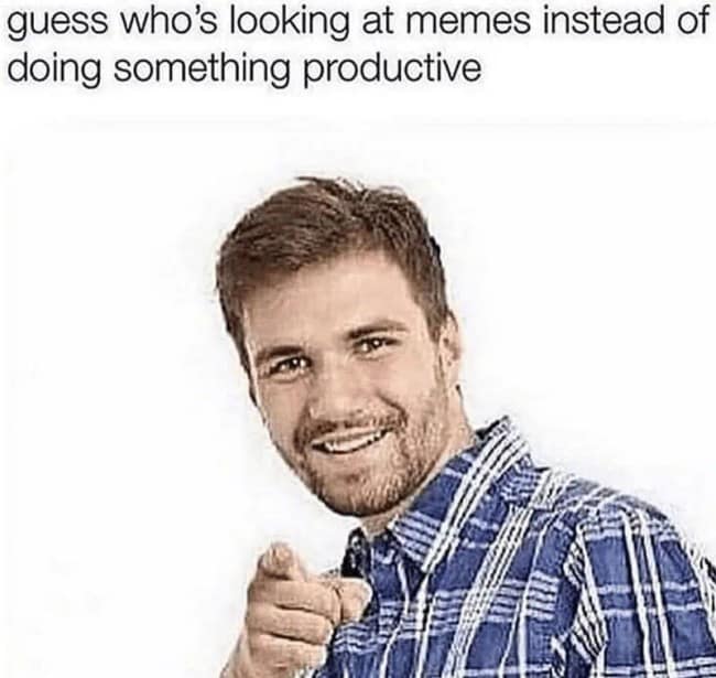 A funny meme that is calling you out for looking at memes instead of being productive and doing your work.