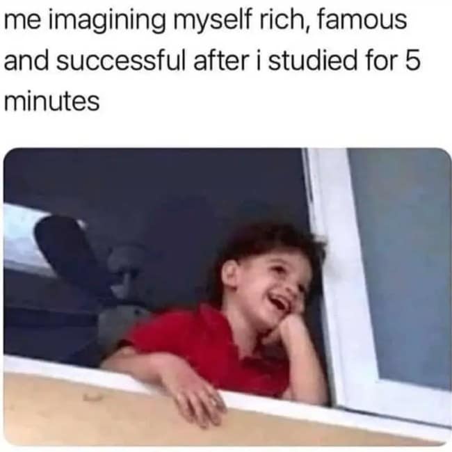 A relatable student meme about daydreaming of being rich and successful after studying for only five short minutes.