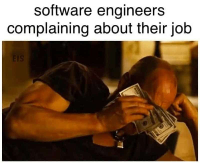A programmer meme of Tyrese Gibson crying with money to represent software engineers complaining.