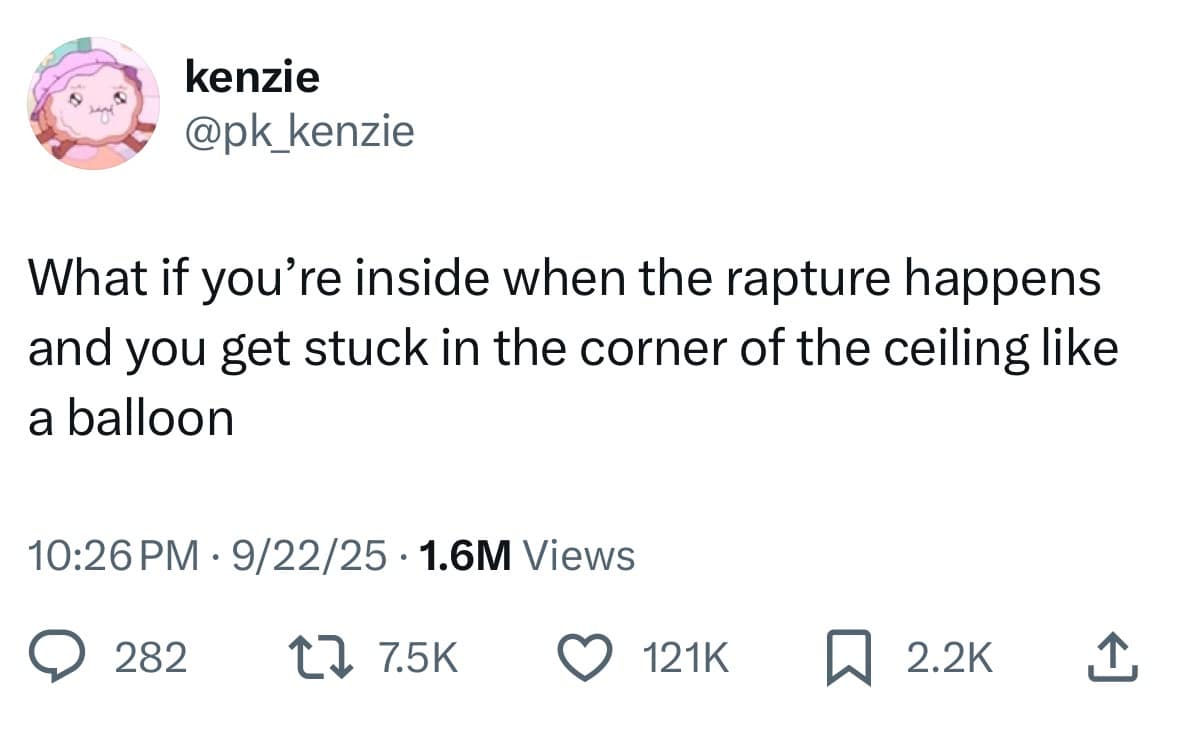 A Rapture 2025 meme tweet asking what happens if you get stuck in the ceiling like a balloon.