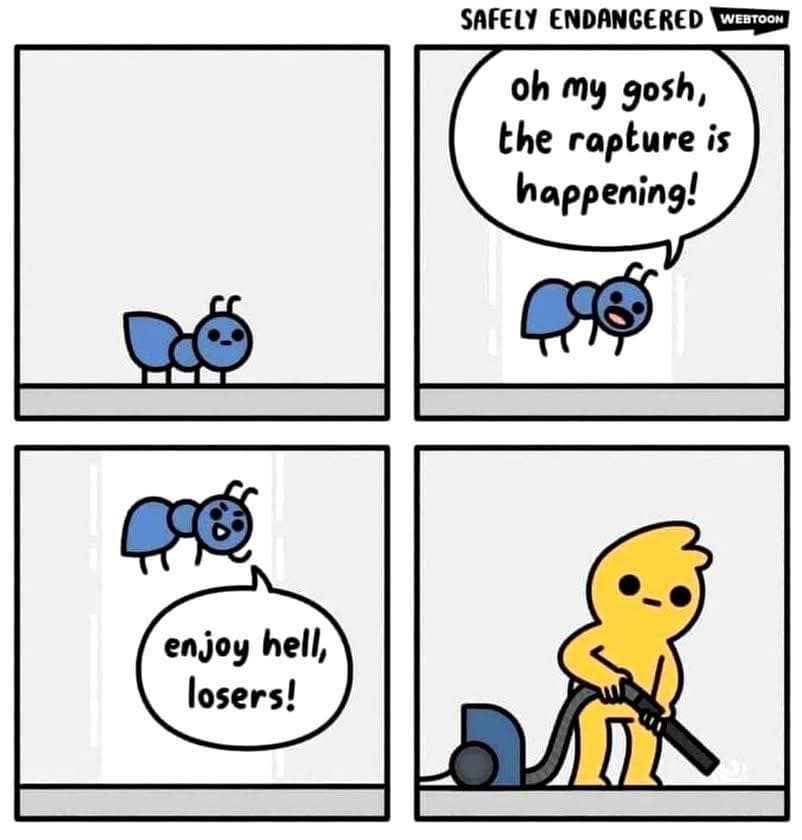 A funny Rapture 2025 meme comic where an ant thinks it's the rapture but it's just a vacuum cleaner.