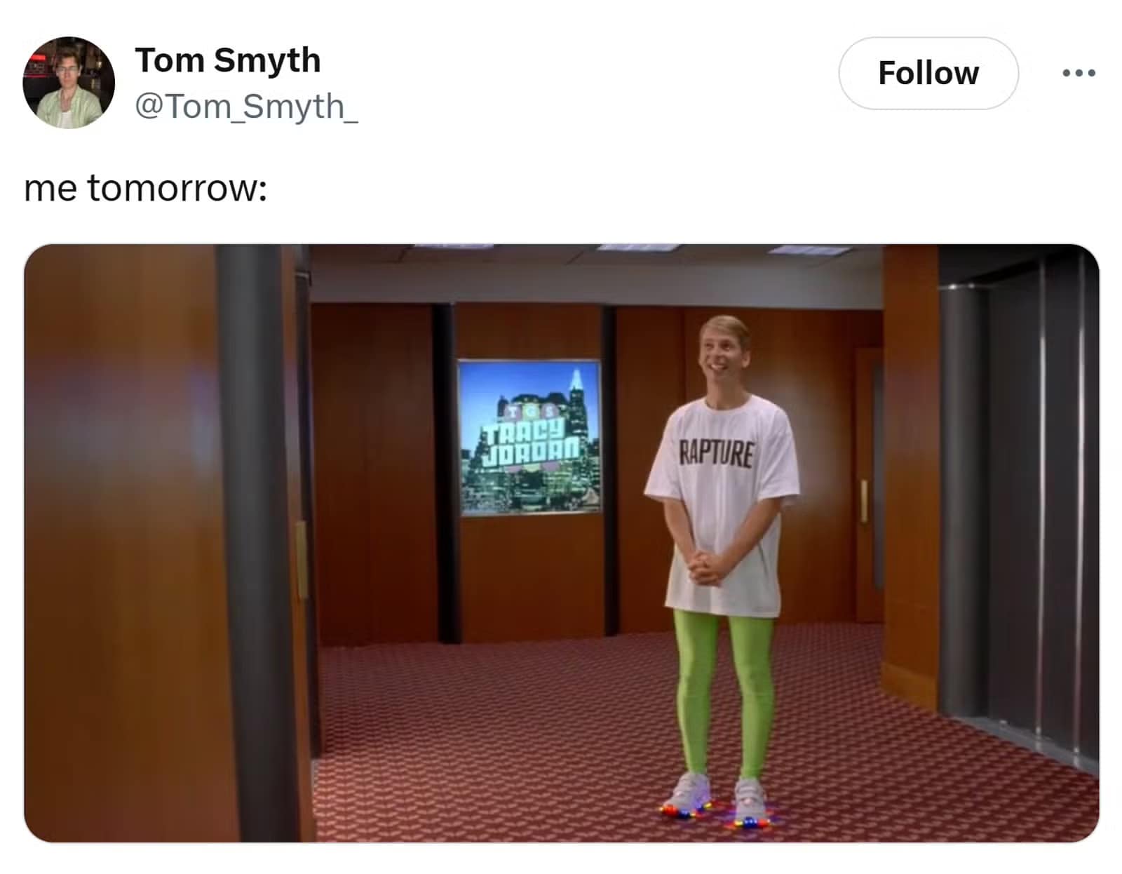 A Rapture 2025 meme using Kenneth from "30 Rock" to show how they'll be dressed for the event tomorrow.