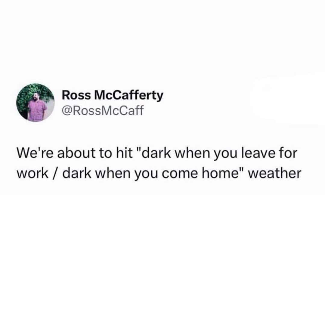 A seasonal depression meme tweet about the time of year when it's dark both before and after work.