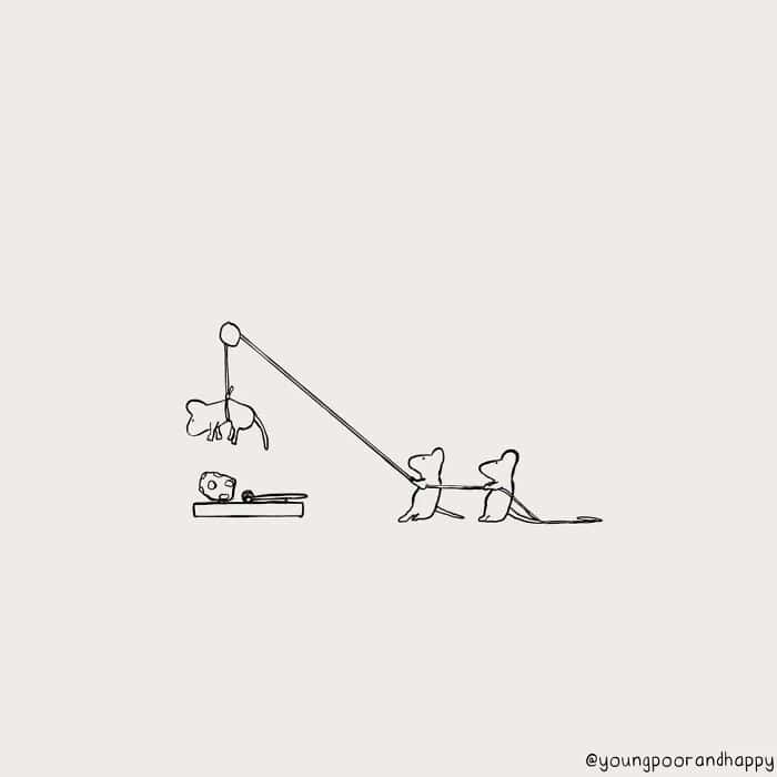 A single panel comic showing two mice pulling off an elaborate heist to steal cheese from a mousetrap.