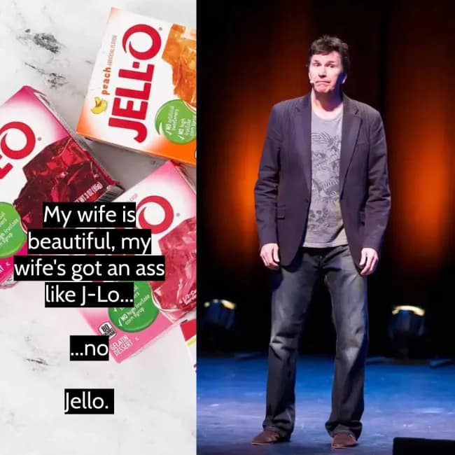 A Stewart Francis joke and pun where he tells joke thieves to kiss his black donkey.