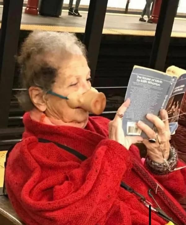 A bizarre and hilarious photo of an elderly woman who is sitting on the subway and casually reading a book while wearing a large, realistic-looking pig nose on her face.